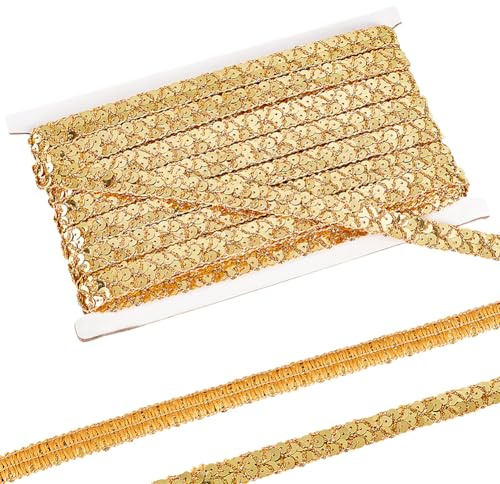 MAYJOYDIY 13m Pailletten Spitzenbesatz 15mm Breit Glänzendes Paillettenband Zum Nähen Glitzernd Flach Rund Paillettenbesatz Zum Basteln von Kleidern Verschönern von Kostümzubehör (Hellgolden)