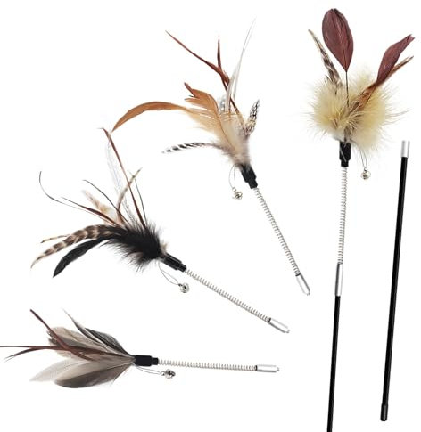 SONGWAY Katzenspielzeug Angel mit Feder - Federstab Katze Spielzeug mit 2 Zauberstab und 4 Ersatzfedern, Katzenangel mit Anhänger, Interaktives Katzenspielzeug für Katzen