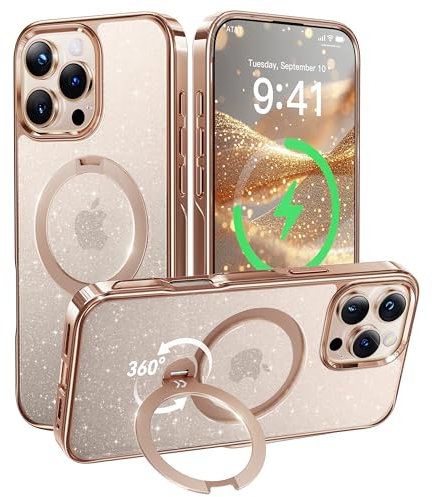 CASEKOO Glitzer Titan Wüstensand für iPhone 16 Pro Hülle mit MagSafe [360° Drehständer] [Kratzfest & Yellow-Proof] [MIL-STD-810H Militärstandard] Griffige Handyhülle iPhone 16 Pro Case - Glitzer Gold