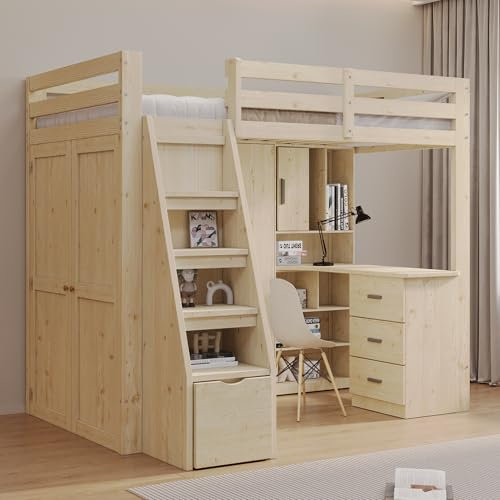 MSMOK Hochbett 90x200cm, Mit Stauraum-Sicherheits-Kletterleiter, Mit Stauraum-Kleiderschrank, Einzelbett Jugendbett Kinderbett, Massivholzrahmen Original Holzfarbe (Dunkle Holzfarbe)