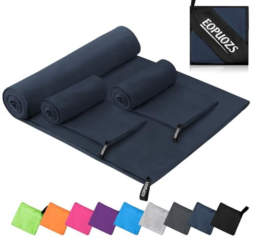 EOPUOZS Asciugamano Microfibra Set di 3, Asciugatura Rapida Assorbente Asciugamano Palestra, Leggero Telo da Viaggio Ideale per Fitness, Viaggi, Spiaggia, Yoga, Sauna, Campeggio (Blu Navy)