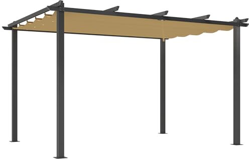 Outsunny 3 x 4m Pergola with Retractable Roof, Aluminium Frame Garden Gazebo Canopy Outdoor Sun Shade Shelter for Grill, Patio, Deck, Khaki