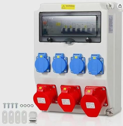 Répartiteur de Courant CEE 400V 32A, 4x230V 2x16A 1x32A, avec disjoncteur et protection FI, prises Schuko et CEE, intérieur/extérieur