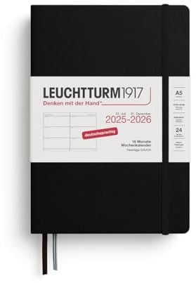 LEUCHTTURM1917 372627 Agenda settimanale Medium (A5) 2026, 18 mesi 07.2025-12.2026, Copertina rigida, Nero, Tedesco