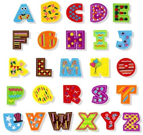 JSRQT Iron on Patches Letters, 26Pcs A-Z Colorful Cute Alphabet Sew On Patches Embroidery Applique, Self Adhesive Letter Embroidered Patch Repair Stickers Decals for Clothing, Hat, Bag, Jackets, Jeans