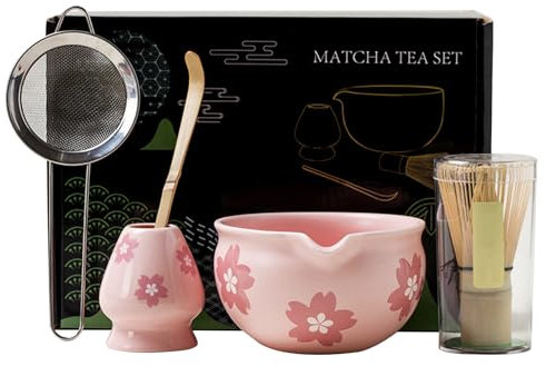 Set of 5 Matcha Tea Set with Whisk and Bowl, Matcha Whisk Ceramic Whisk Holder, Matcha Tea Kit for Tea Lovers(Pink)