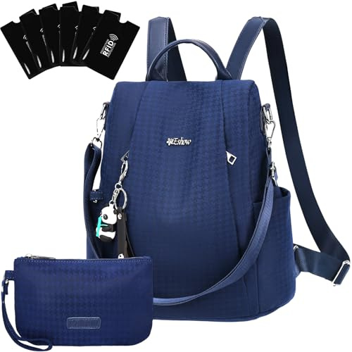 Eshow Rucksack Damen Klein, Anti-Diebstahl Kleiner Cityrucksack Tagesrucksack Elegant, 3 in 1 Rucksacktasche mit Clutchbag & RFID Blocker Modern für Pendeln Schule Arbeit Reise Blau