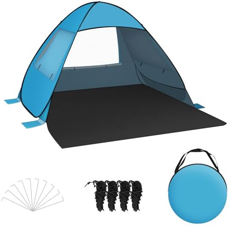 Laneetal Strandmuschel Pop Up mit UV Schutz UPF 50+, tragbares Strandzelt für 3-4 Personen, Sonnenschutz Windschutz für Strand Camping Picknick, kleines Packmaß, mit Tragetasche, Blau
