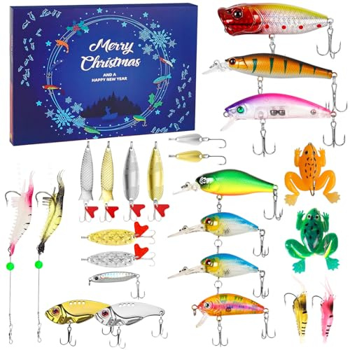 Weihnachtskalenders Angelkalender für Herren,24 Angeln Köder Set,Pre-Rigged Fishing Jigs mit Tackle Box,Super Haltbare TPE-Angelköder,Angelköder für Hecht,Zander,Forelle,Barsch,für Süß- Und Salzwasser