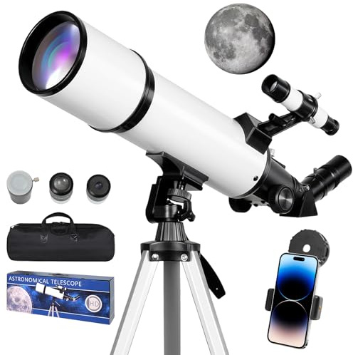 Whemyreat Teleskop Astronomie 80mm Öffnung 60omm Brennweite für Kinder & Erwachsene Anfänger mit Stativ und Handyhalterung, Tragbares Refraktor Teleskop für ERD- & Mondbeobachtung