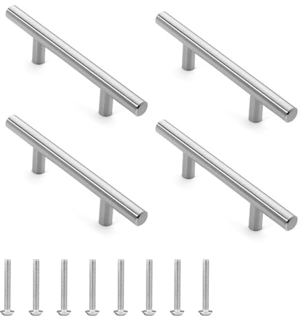 SYEYCW 4 Pcs Silver Kitchen Cupboard Handles, 127mm Stainless Steel Cupboard Door Handle, T Bar Brushed Cabinet Handles, Hole Centre 76mm, for Bathroom Furniture, Wardrobe, Kitchen, Drawer, Door