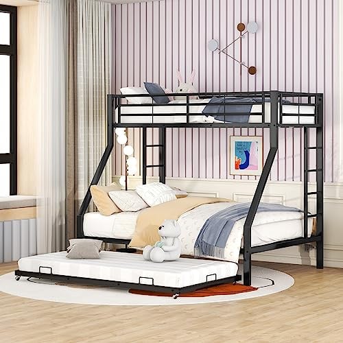 FammyLoft Etagenbett 90x200cm, 140x200cm, Etagenbett 3 Kinder mit Ausziehbarem Bett, Metall Hochbett Erwachsene mit Leiter auf Beiden Seiten, Ohne Matratze, Schwarz