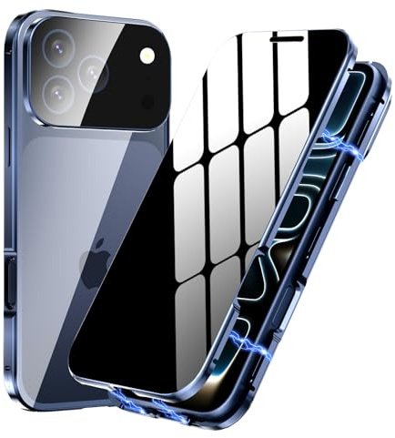 MIMGOAL Case for iPhone 17 Pro Max Anti Spy Magnetic Deep Blue | Privacy Protection 25 Degree, Tempered Glass Front And Back, Magnetic Metal Frame, Built-In Camera Protector