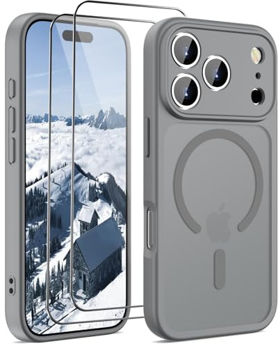 HGH für iPhone 17 Pro Hülle für MagSafe mit 2 Schutzglas, Grau | Vollständiger Kameraschutz Stoßfest Kratzfest Anti-Fingerabdruck Transluzente Rückseite Matt