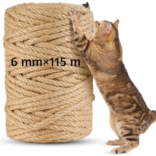 115m Corda per Tiragraffi in Sisal Naturale 6mm - per Gatti, fai da te, Decorazione casa/giardino - Corda tiragraffi per gatti di ricambio (115 m x 6 mm)