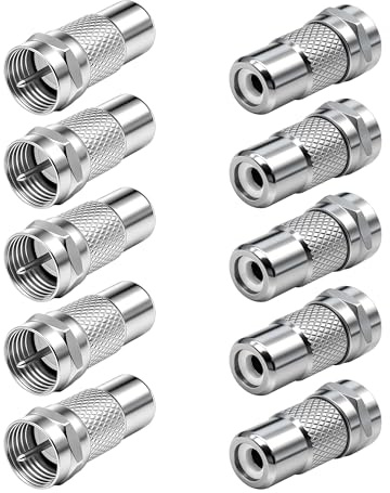 MEIRIYFA F Type to Phono Plug RCA Connector, RCA Female to F Type Male RF Connector Coaxial Adapter, F Plug to RCA Jack Straight Coaxial Coupler for Game Console, TV Monitor (Silver, 10 Pack)