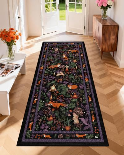 GEANUP Teppich Läufer Flur 80x200 cm, Lila Küchenläufer Waschbar rutschfest, Weicher Schlafzimmer Teppich Läufer, Märchenstil Fuchs Flurläufer für Korridor Waschküche Wohnzimmer Kinderzimmer