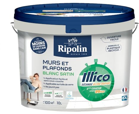 RIPOLIN - Peinture Intérieure Murs Plafonds Illico - Séchage Ultra Rapide - Acrylique - Haute Couvrance - Blanc - Satin - 10L