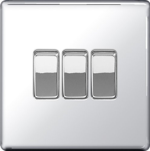 BG Flatplate Screwless 10AX Plate Switch 3 Gang 2 Way Chrome
