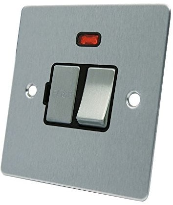 AET FSCSFNBS 13 A Satin Chrome Flat Switched Fused Neon Indicator Spur Connection Unit W/Neon Black Insert Metal Rocker Switch