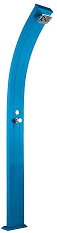 Douche solaire ARKEMA A100 / 5012 Spring Couleur Bleu RAL 5012 Douche extérieure en aluminium anticorrosion Forme courbée Chauffage à énergie solaire Avec Mitigeur Réservoir 30 litres Hauteur 224 cm Facile à installer