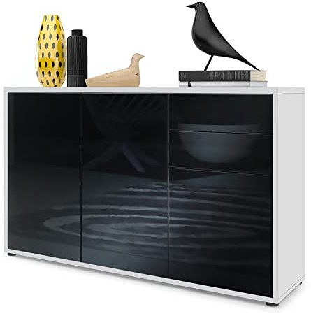 Vladon Buffet Ben V3, Commode avec 3 Portes et 2 tiroirs, Blanc Mat/Noir Haute Brillance (117 x 74 x 36 cm)