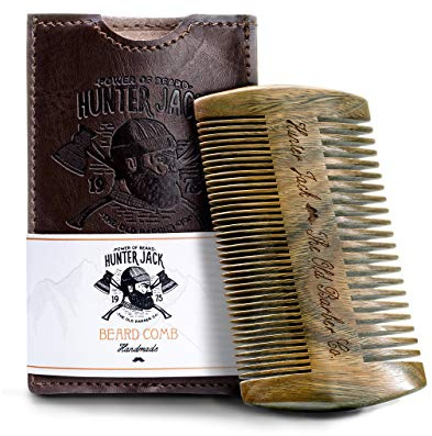Beard Comb Kit for Men - Great for Head Hair Beard & Mustache - Handmade Premium Sandal Wood - Fine Dual Action Teeth - Comes with GiftHunter Jack PU Leather Case - Free eBook