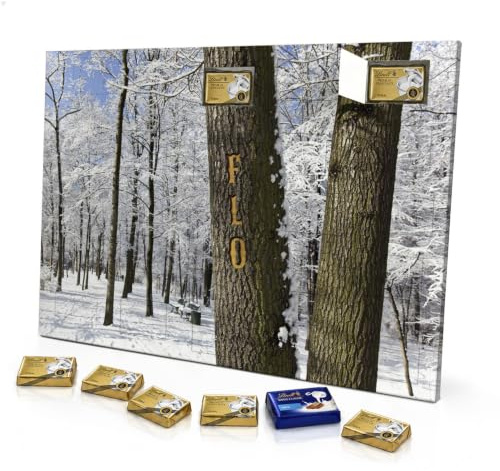 printplanet - Adventskalender mit Namen Flo - Gefüllt mit Lindt Premium Schokolade - Motiv Winterbäume