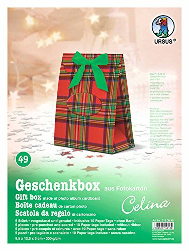 Ursus 5150049 - Geschenkbox Celina, rot kariert, 5 Stück, aus Fotokarton 300 g/qm, beidseitig bedruckt, vorgestanzt und genutet, inklusive 10 Paper Tags, ideal für kleine Überraschungen