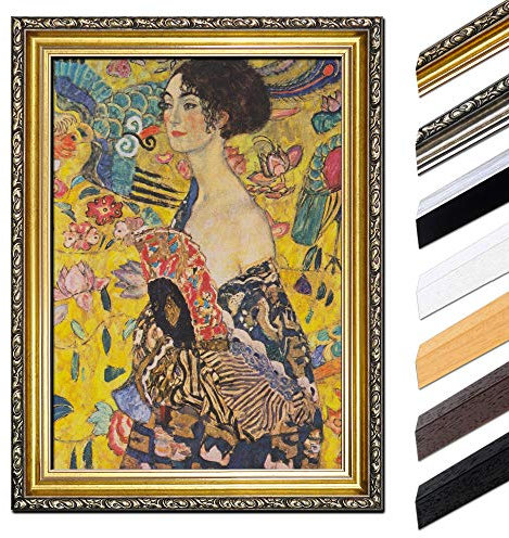 Bild mit Rahmen - Gustav Klimt Dame mit Fächer 60x80 cm - Gerahmtes Leinwandbild Alte Meister - Antiker Rahmen Gold Barock, Klassisch