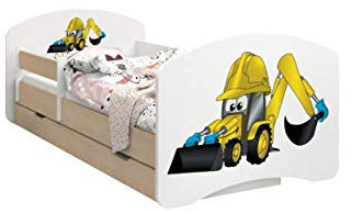 HappyBabies - Doppelseitiges Kinderbett MIT SCHUBLADE Modernes Design mit sicheren Kanten und Absturzsicherung Schaumstoffmatratze 7 cm Leichte Birne (Bagger, 180/90)