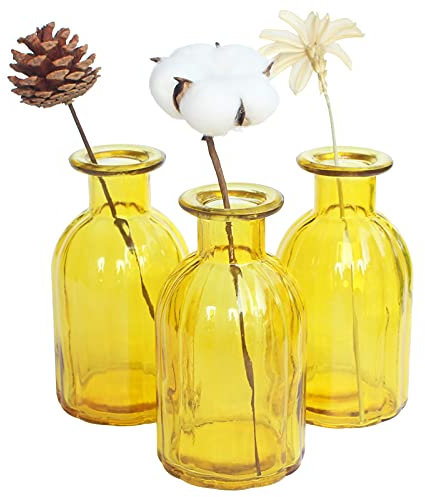 HANIHUA Glasvase für Blumen, kleine Knospenvase für Dekoration, 3 Stück, dekorative Vasen-Set für Zuhause, runde Vintage-gelbe Glasflaschen, Vase für rustikales Zuhause, Einweihungsfeier, 7x13.7 cm