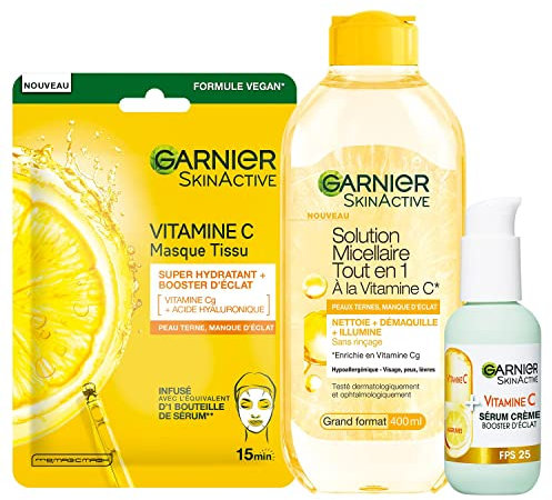 Garnier - Coffret Routine Eclat 3 Produits - Enrichie en Vitamine C - Pour les Peaux Ternes - Sérum Crème Visage (50 ml), Masque Tissu Hydratant, Eau Micellaire Tout en 1 (400 ml)