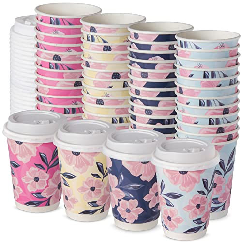 ROYAL BLUEBONNET 48 Floral Paper Coffee Cups with Lids - 12oz Cute Disposable Coffee Cups with Lids, to Go Tea Cup, Floral to Go Coffee Cups with Lids, Cute Coffee Cups with Lids, Spring Coffee Cups