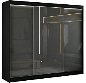 ALTDECOR Kleiderschrank mit Lacobel-Schiebetüren, kugelgelagerte Führungsschienen und Aluminium- Leisten, LED-Beleuchtung (weiß + 16 Farben) und Fernbedienung - PEKA - 250 cm Schwarz/Grau