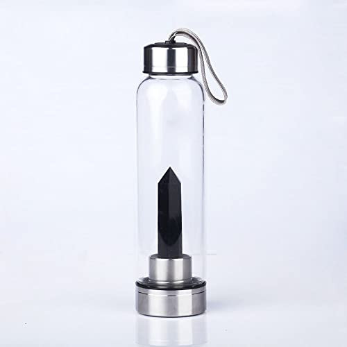 Natürliche Kristallwasserflasche Edelstein-Glaswasserflasche Mit Obsidian Edelsteinzentrum Zauberstab Heilung Elixier Punkt Reiki Kristall Obelisk Wasserflasche Mit Natürlichen Quarzkristallen 550Ml