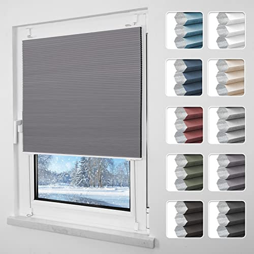 Grandekor Plissee ohne Bohren Verdunkelung 80x130cm weiß-grau, Wabenplissee ohne Bohren Thermo Doppelplissee Klemmfix 100% Verdunkelnd Sicht- & Sonnenschutz Plissee Rollos für Fenster & Tür