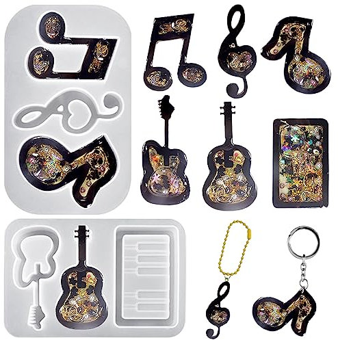 Voyyphixa 6 pezzi Stampi per Portachiavi in Resina Chitarra Note Musicali Stampo Quicksand Resin Molds Shaker Resina Stampi in Resina Epossidica Colata per Ciondolo Gioielli Portachiavi