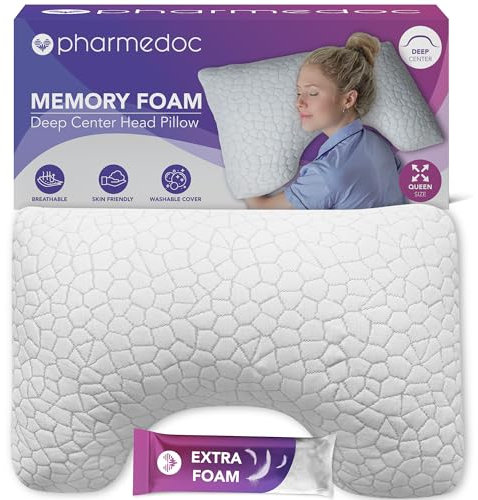 PharMeDoc Deep Center Curved Bed Pillows - Back and Side Sleeper - Pillow for Neck and Shoulder Pain Relief - Queen 1 Pack