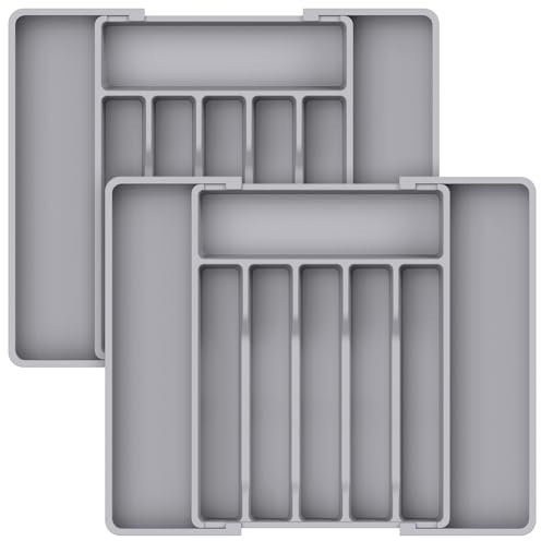 Lifewit Range Couverts, Plateau d'Ustensiles Extensible pour Tiroir, Organisateur de Tiroir Réglable pour la Cuisine, Rangement Compact en Plastique pour contenir des Cuillères, Paquet de 2, Gris