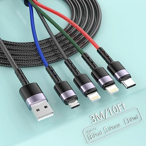 3M/10Ft Multi 4 in 1 USB Universal iPhone Charging Cable,Lightning2+Type C+Micro USB Long Nylon Braided Phone Charger Cord Connector Adapter for Cell Phone/Android/Apple/Samsung/LG/Huawei/XiaoMi
