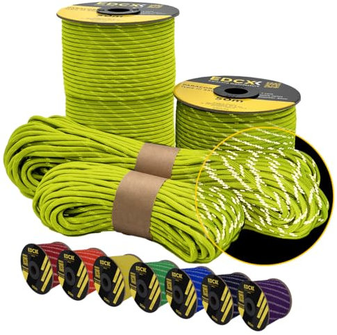 EdcX 4 mm Reflective Paracord 550 (15, 30, 50 m) – Tear-Resistant Parachute Cord for Survival Made of 100% Nylon, 4 mm Type III with 7 Wires (Reflective Sofit Yellow, 15 m)