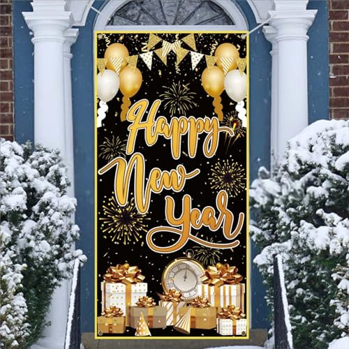 HAKOTOM Neujahr Türabdeckung Dekoration 2025 Silvester Party Hintergrund Banner Frohes neues Jahr Tür Abdeckung Schwarz Gold Neujahr Deko Happy New Year Deko für Haustür Deko 182x91cm