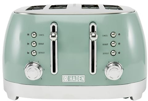 Haden Bristol Green 4 Slice Toaster - Extra Wide Slots, Dual Browning Control, Stainless Steel Housing with Sage Green Finish, For All Toast Preferences, Defrost, Reheat, and Cancel Functions