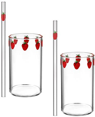 CALLARON 2Er-Set Erdbeere Glas - Trinkbecher mit Strohhalm, 300 ML Transparente Trinkgläser, Süßer Iced Coffee Glas Glasbecher für Saft, Cocktails, Milchkaffee, Wasser, Milch, Kaffee