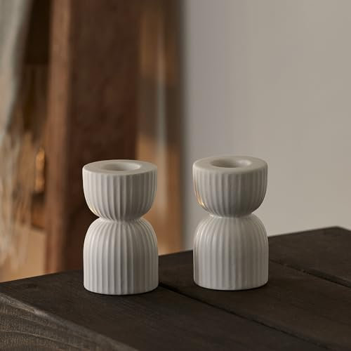 Lights4fun 2er Set Kerzenhalter Weiß für Stabkerzen Tischdeko Modern Kerzenständer Keramik Kerzenhalter für Stabkerzen