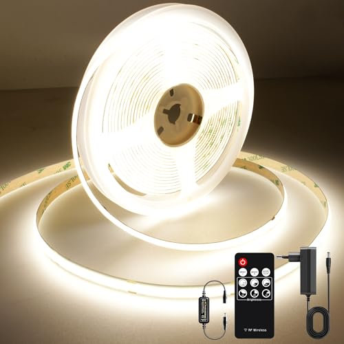 AXMOTUT Striscia LED COB 3 metri 24V, Striscia LED Bianco Naturale 4000K, 320LEDs/m, Larghezza 8mm, CRI90+, con Alimentatore, Telecomando RF, LED Striscia per Cucina, Soggiorno, Feste, Bar