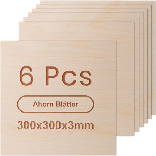 ROWOOD Sperrholzplatte 3mm 300x300mm 6Stück Ahorn holzplatte Zuschnitt Nach Maß Unbehandeltes Bastelhölzer Holz für Modellbau Laserschnit Laser Gravur Holz Brennen Malerei CNC