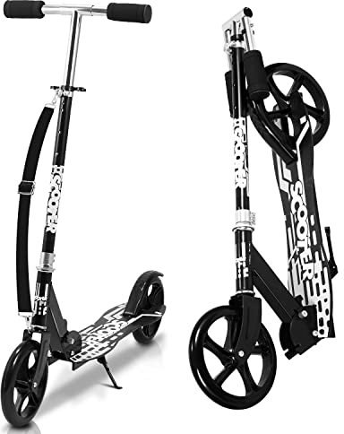 Fiqops Roller Kinder Scooter, 2 Räder Kickscooter 3 Höhenverstellbare Kinderroller,205mm Big Wheel mit Tragegurt,bis 100kg für Jungen Mädchen Kinder ab 5 Jahre, Schwarz