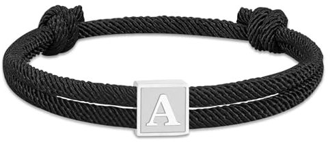 Esmoly Men's Bracelets Paracord Bracelets Black Rope Bracelet Surfer Bracelet with Silver Letter A-Z Handmade Braided Personalised Adjustable Gifts for Men Boys (Silver A)